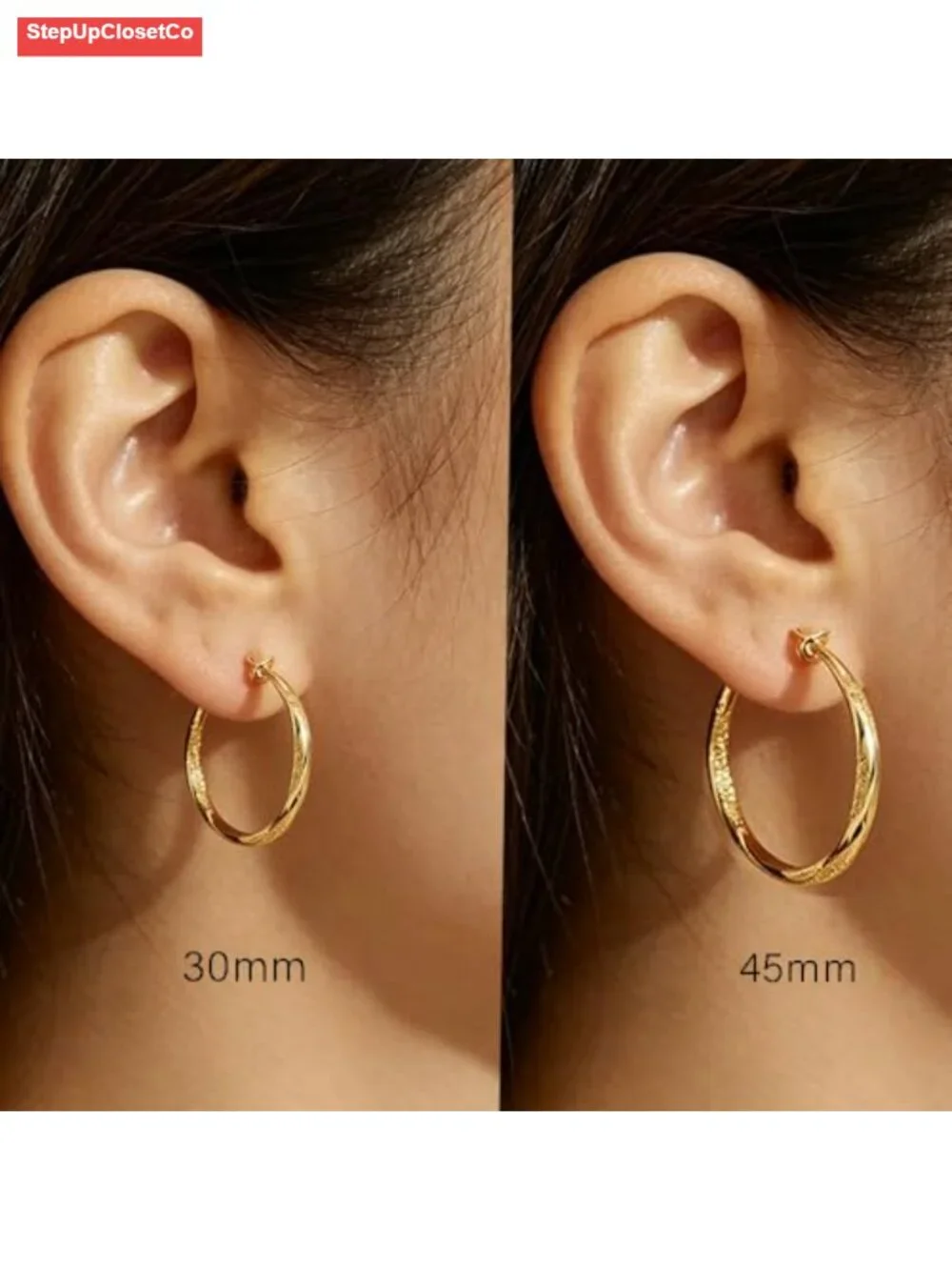 14K Gold Plated Twisted Hoop Earrings Lightweight Rope Design 30mm 45mm